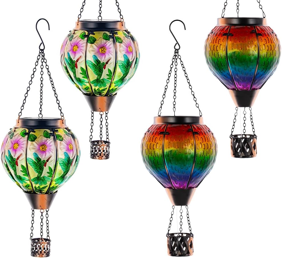 DREAMSOUL 2PCS Hummingbird Hot Air Balloon Solar Lantern + 2 PCS Solar Hot Air Balloon Lantern with Flame