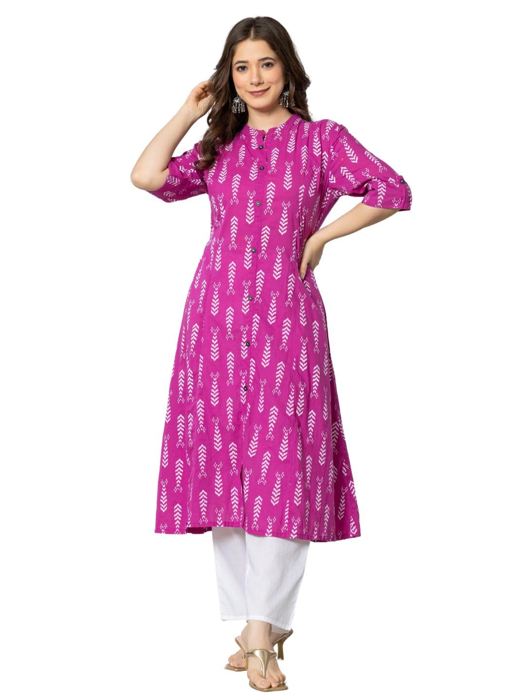 Rytras Women's Cotton Printed A-Line Kurta(Ryt575,Pink,S)