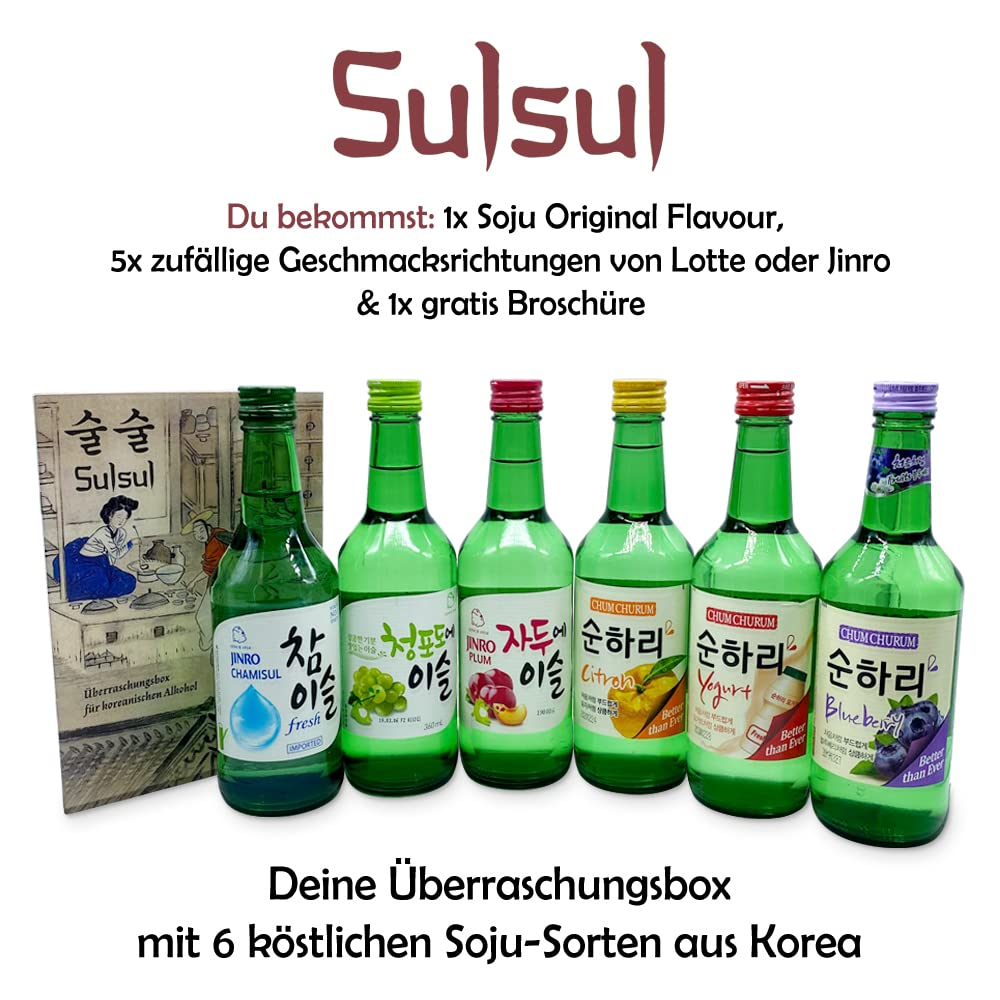 Sulsul Box Soju 6 koreanische alkoholische Getränke Mix Korea Geschenkbox | Geschenkidee mit asiatischem Alkohol, Ausgewählter Mix aus verschiedenen Geschmacksrichtungen und Marken, inklusive Broschüre