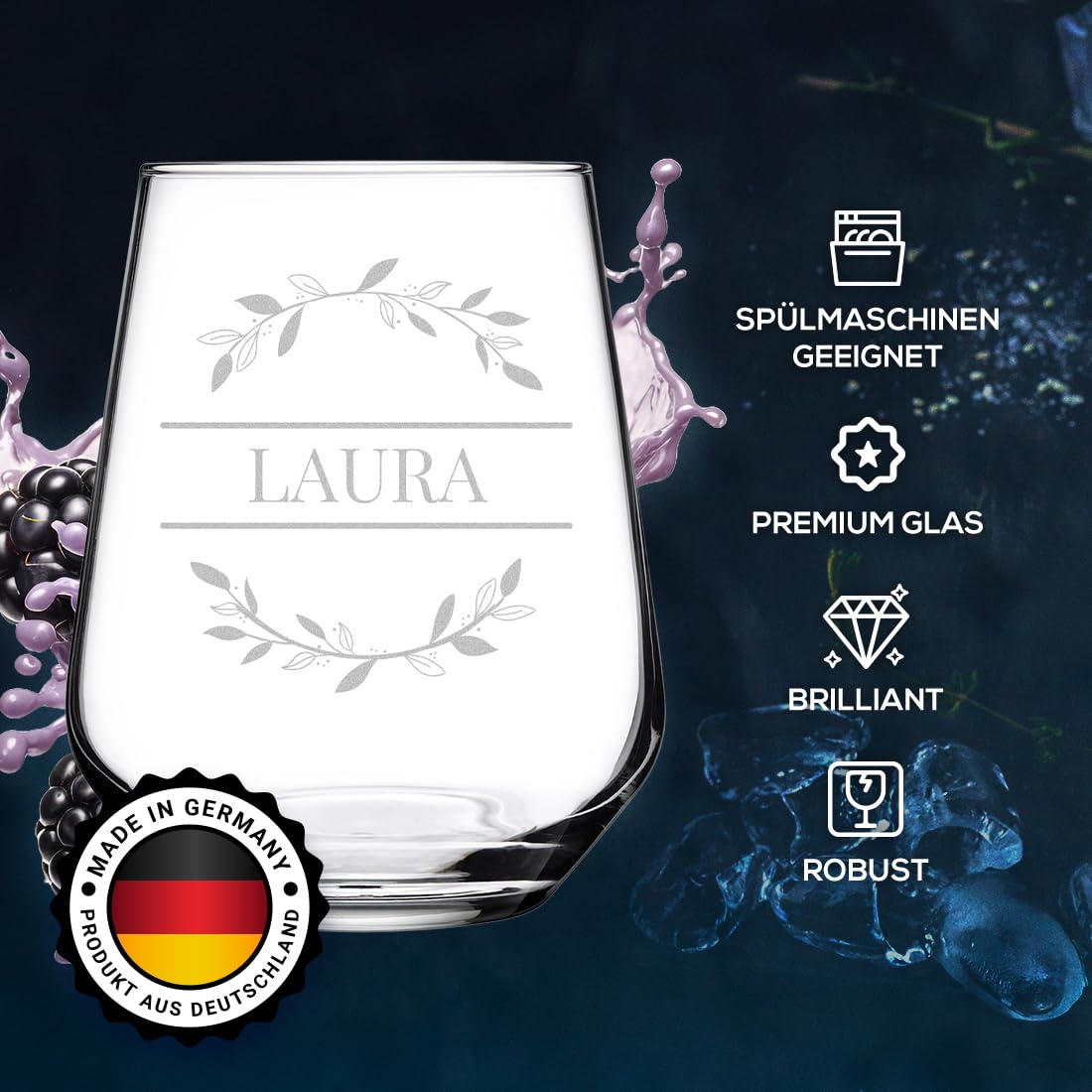 polar-effekt Wasser Trinkgläser 6er Set 425 ml mit personalisierter Gravur - bleifreie Trink-Becher aus Glas - Geschenk zum Muttertag - BPA-Frei