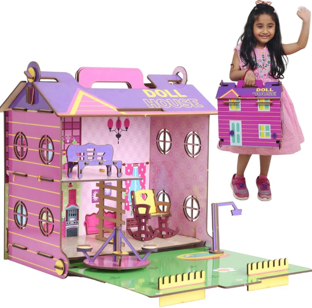 FunBrigade Big Wooden Doll House for Girls | Foldable, Easy to Carry | Colorful Dollhouse with Furniture, Playground and Handle | Pretend Doll Playset | STEM Learning