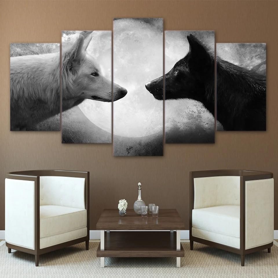 Tableau loup noir et blanc déco murale 5 parties avec cadre en bois