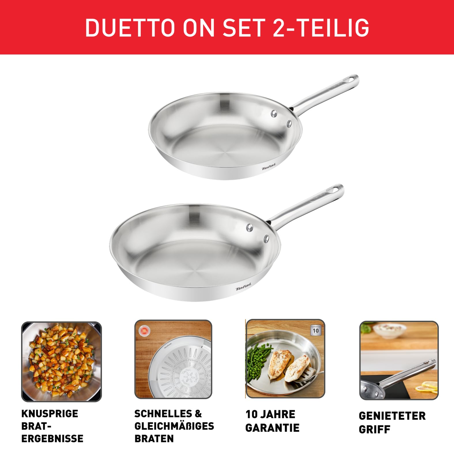 Tefal Duetto On Pfannen-Set, 2-tlg. 24/28 cm, unversiegelt, dicker Wärmediffusionsboden, Komfort-Griff, langlebig, für alle Herdarten geeignet, Edelstahl, B866S234