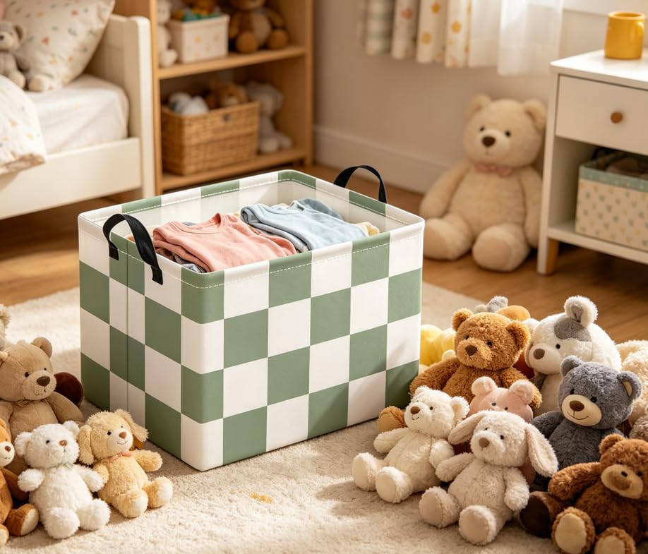 Image of Rectangular Baby Kids Storage Basket for Home Kitchen Girls Cute Toy Storage Bin Organizer Shelf Book Room Decor(Green Checkered)