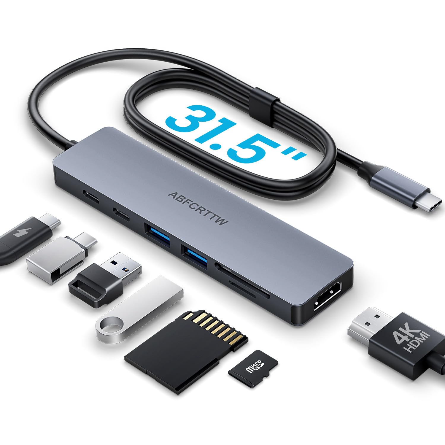 ABFCRTTW 31.5'' USB C Hub Multiport Adapter HDMI 4K for MacBook Neo, iPad