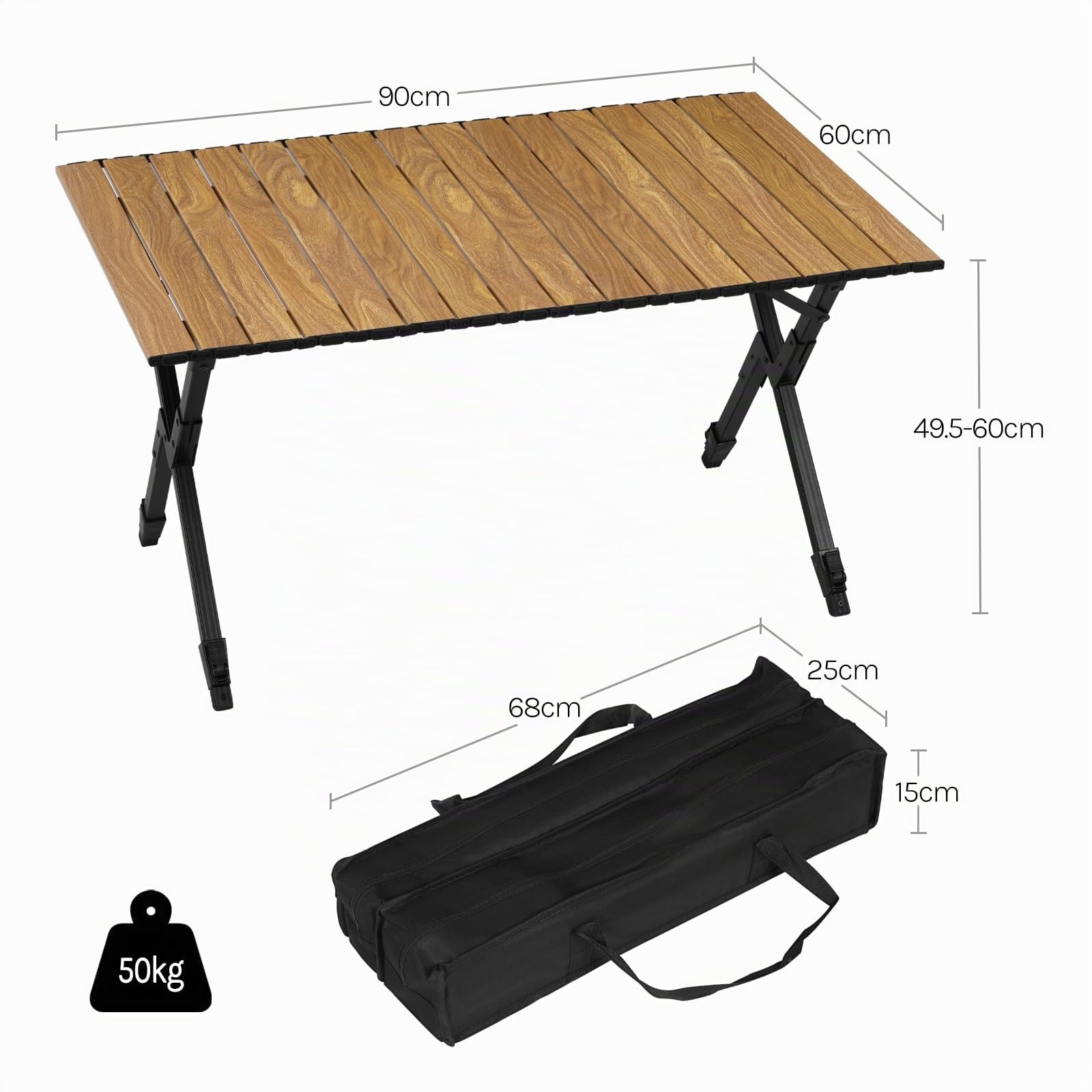 WOLTU Mesa Plegable Camping, Mesa Portátil de Exterior, Altura Ajustable, Tablero Enrollable, Bolsa de Transporte, Aluminio, Carga 50 Kg, para jardín, Picnic, Roble Claro, Roble Claro