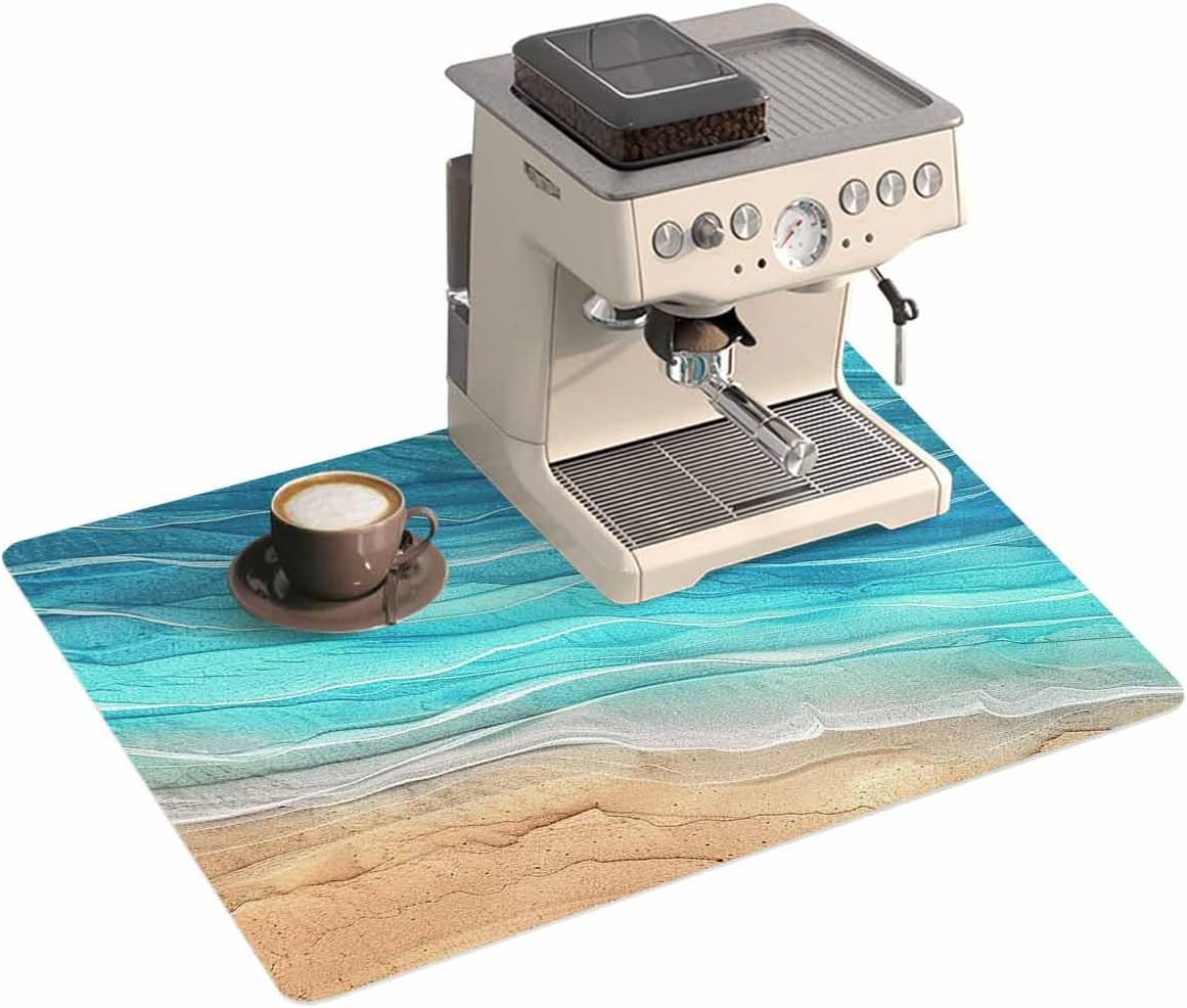 Coffee Mat 16x24in,Coffee Maker Pad Beach Sea Foaming Waves Blue Ombre Absorbent Non-slip Coffee Bar Accessories Dish Drying Mat for Kitchen Counter,Sandbeach Ocean Coastal Art