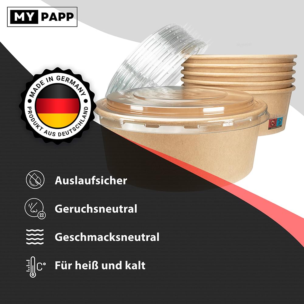 150x Salatschalen mit Deckel | Einweg Kraft Pappschale To Go Schalen Bowls Becher | Salatbox Kartonschale Einwegschalen Lebensmittelbehälter umweltfreundlich