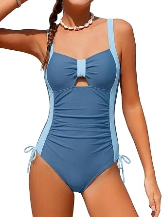 Girl Swimsuit One Piece Bathing Suit for Girls Color Block Bow Accented Ruched Adjustable Straps Swimwear 7-16 Years