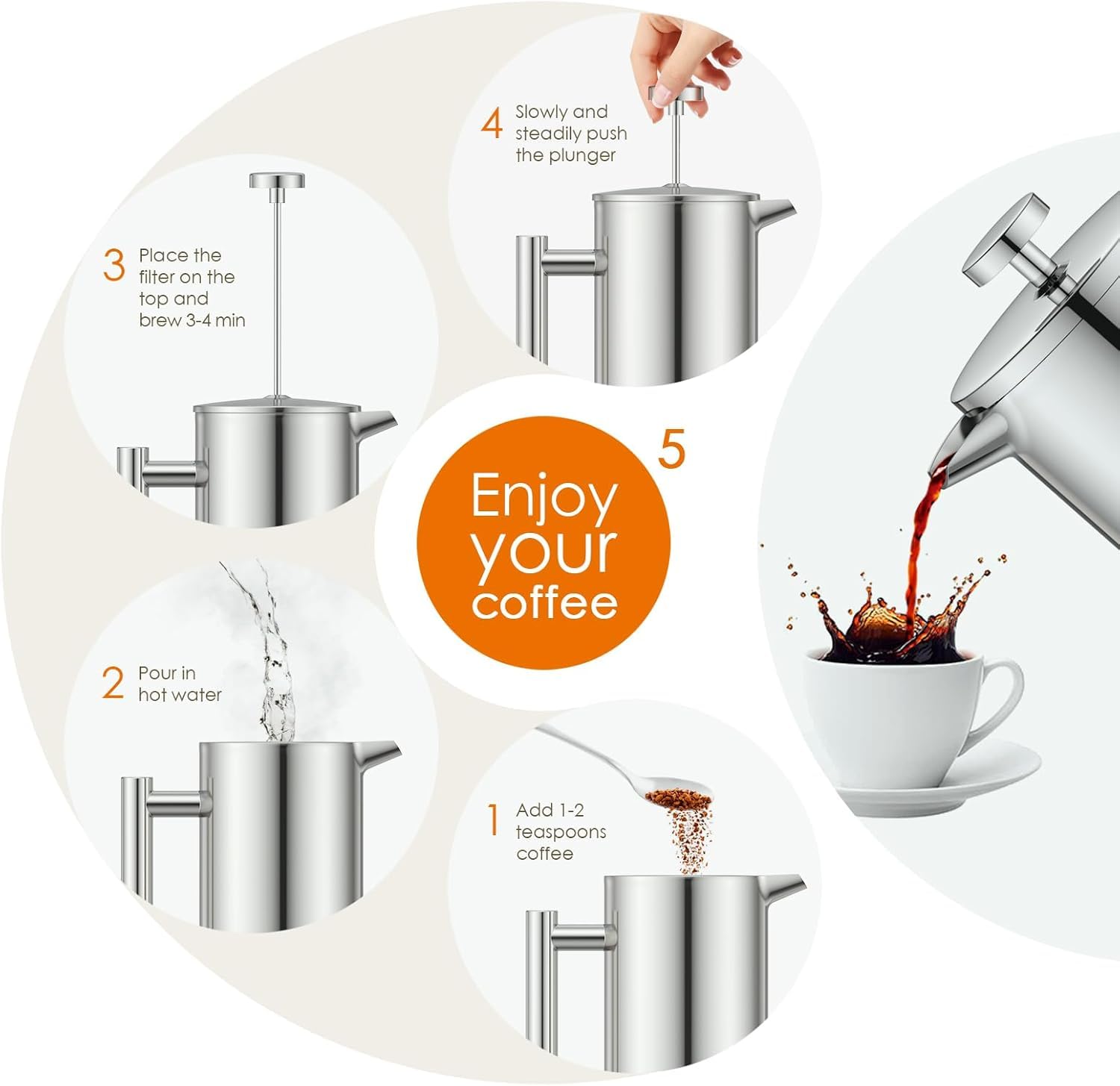 French Press - Caffettiera da 1,5 litri, in acciaio inox, a doppia parete, isolata, con 3 filtri extra (argento, 1500 ml, 6-8 tazze)