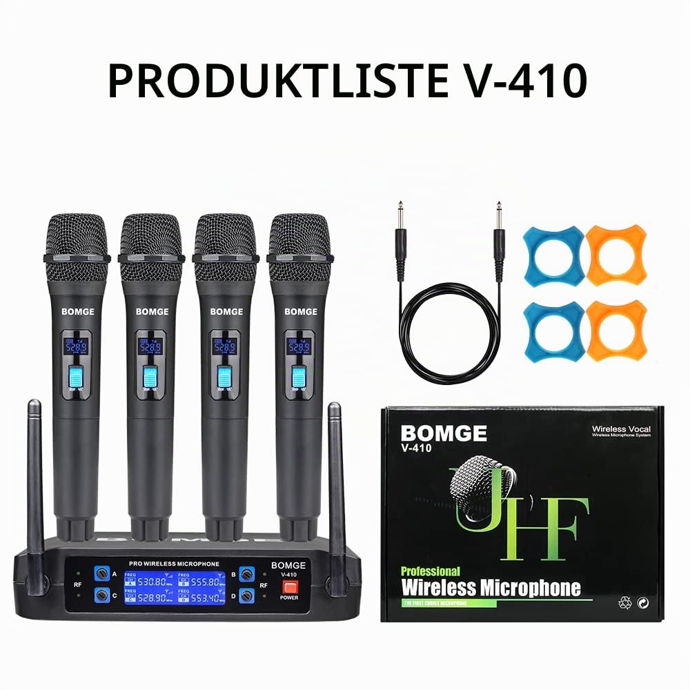 BOMGE Kabelloses Mikrofonsystem, Pro 4-Kanal schnurloses Mikrofon-Set mit vier Handmikrofonen, feste Frequenz, lange Reichweite 61 m, ideal für Kirche, Karaoke, Veranstaltungen