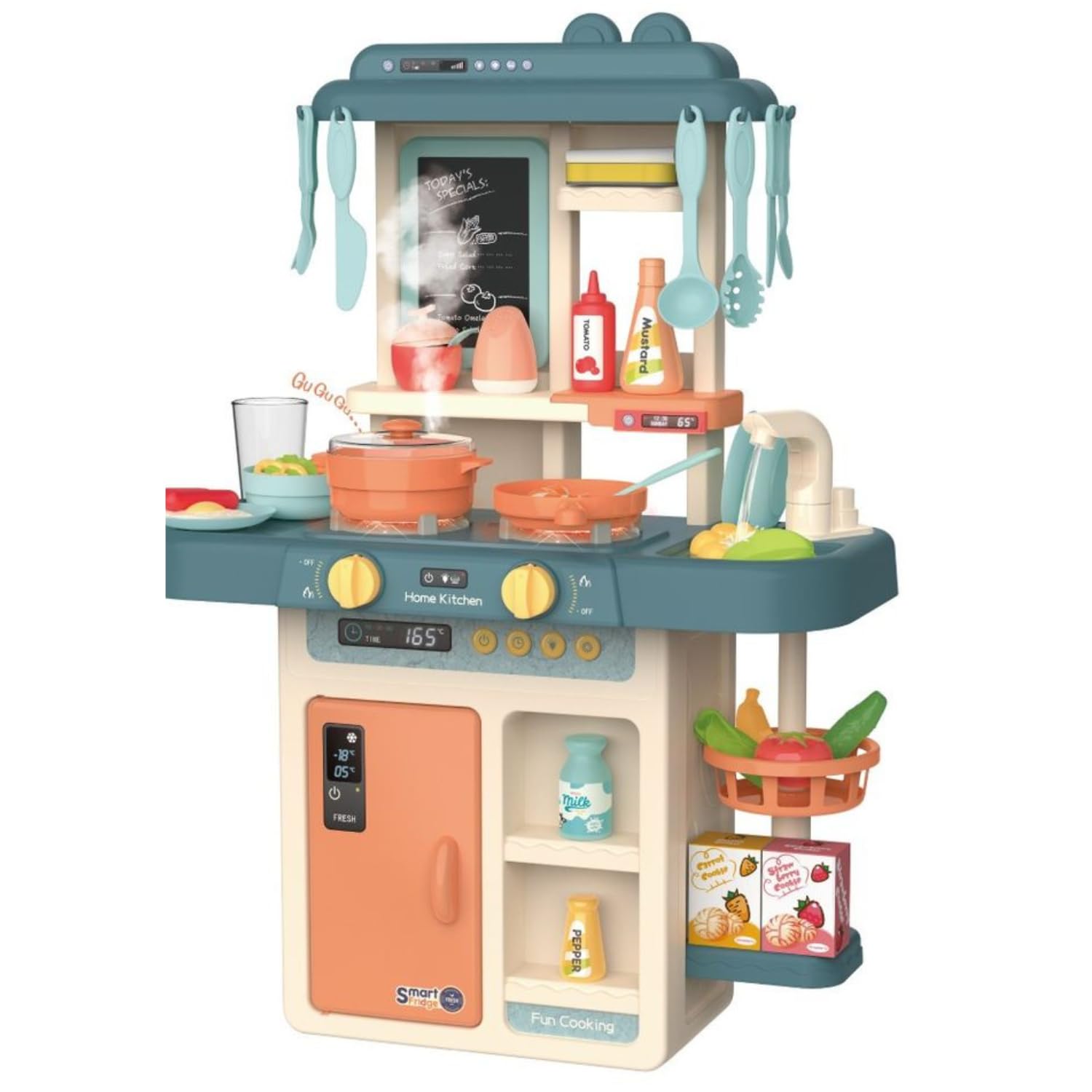 KIDSAVIA® - Big Kitchen Toys Playset, Kids Pretend Play Kitchen Realistic Simulation of Mist Spray, Play Sink with Running Water, Lights & Sound with 42 Accessories for Girls Boys Pink
