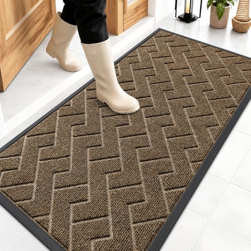 Image of OLANLY Front Door Mat Indoor Outdoor Entrance, Waterproof All-Season, All-Weather Doormat, Sturdy Natural Rubber, Low Profile, Easy Clean Patio Porch Entryway Mat, Herringbone Brick (Brown, 47x23)