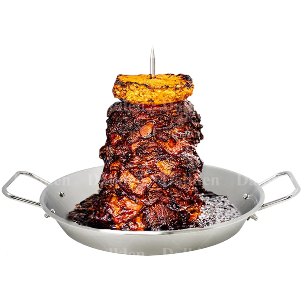 BBQ Vertical Skewer Al Pastor for Grill-Vertical Spit with 13" Base Pan for Tacos Al Pastor, Vertical Rotisserie Shawarma-Grilling Accessory with 3 Spikes (8”,10" and 12”)