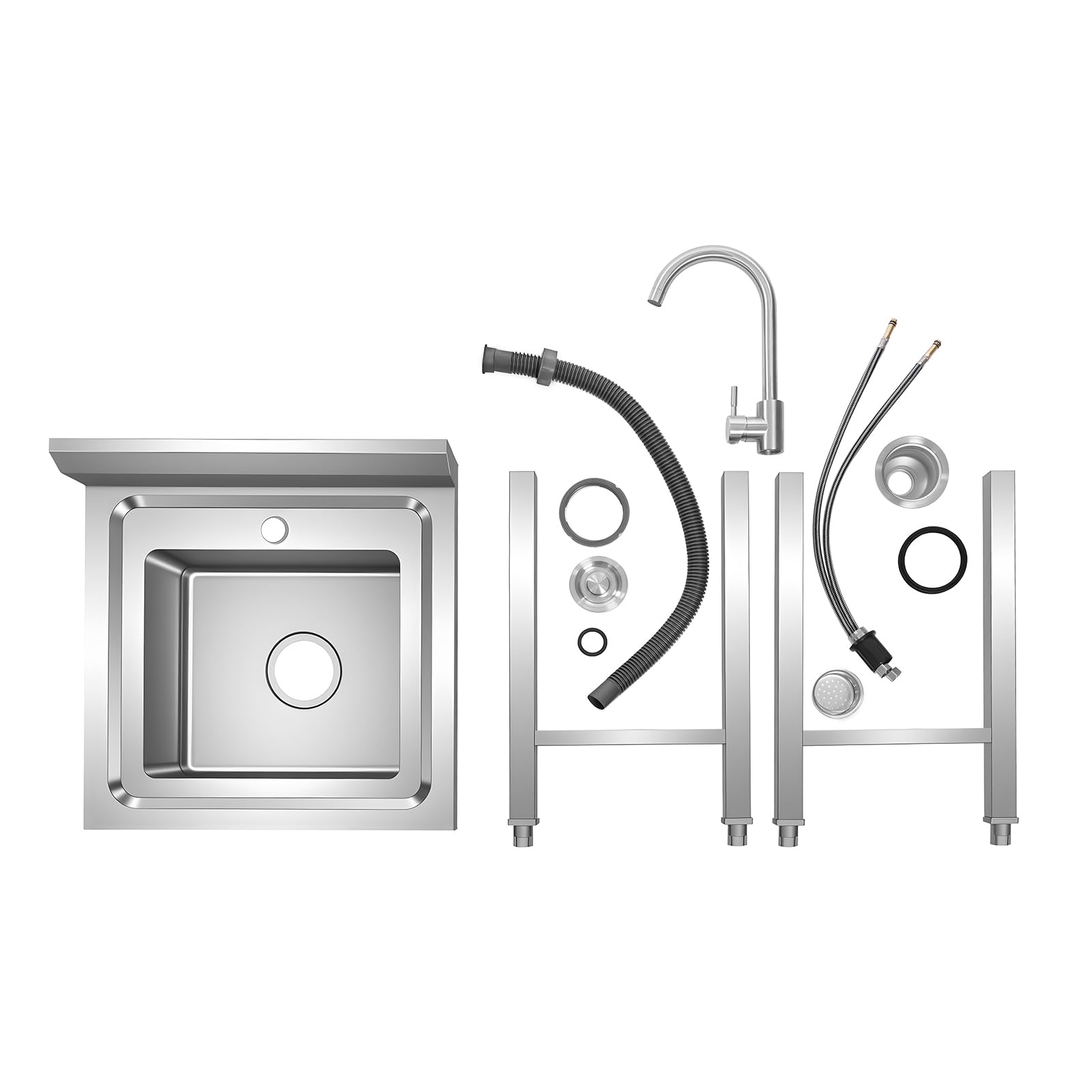 Fregadero comercial de 50 × 50 × 93 cm de acero inoxidable con 1 cuba, fregadero de cocina independiente con grifo de 360°, fregadero de pie con patas ajustables para restaurante, gastro, exterior