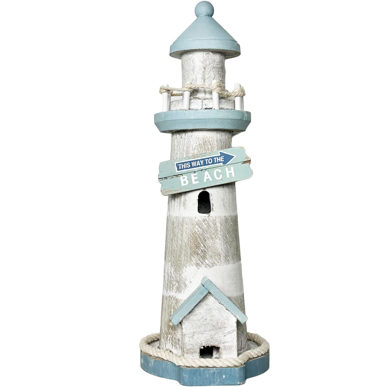 Darthome White, Light Blue Wooden Lighthouse Ornament Nautical Beach Sign Seaside Bathroom Decoration Gift 29Cm