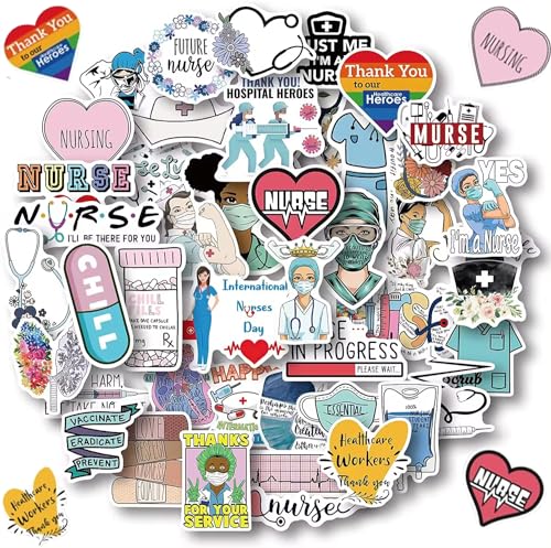 50 Pcs Nurse Stickers, Nursing Stickers Nurse's Day Decals Nurse Accessories Medical Decals for Work Nurse Week Gifts for Computer Water Bottles Cups Planner Scrapbook Car Luggage
