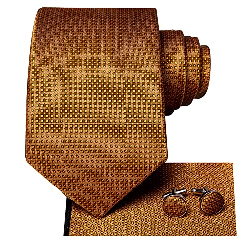 Image of Hi-Tie Mens Plaid Ties Classic Paisley Necktie with Handkerchief Cufflinks Set Business Stripe Tie