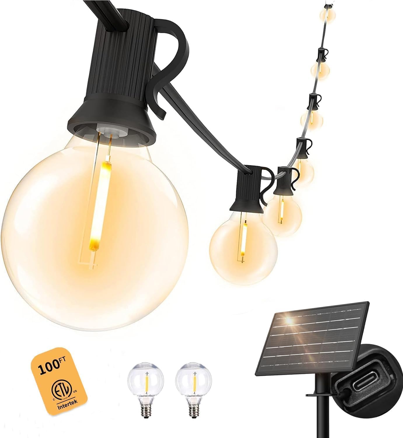 Yuusei 100 FT Solar String Lights Outdoor, Patio Lights for Outside with 50+2 Shatterproof LED Bulbs, Solar Powered with USB Port, Waterproof Solar Hanging Lights for Backyard Porch 2700K Warm White