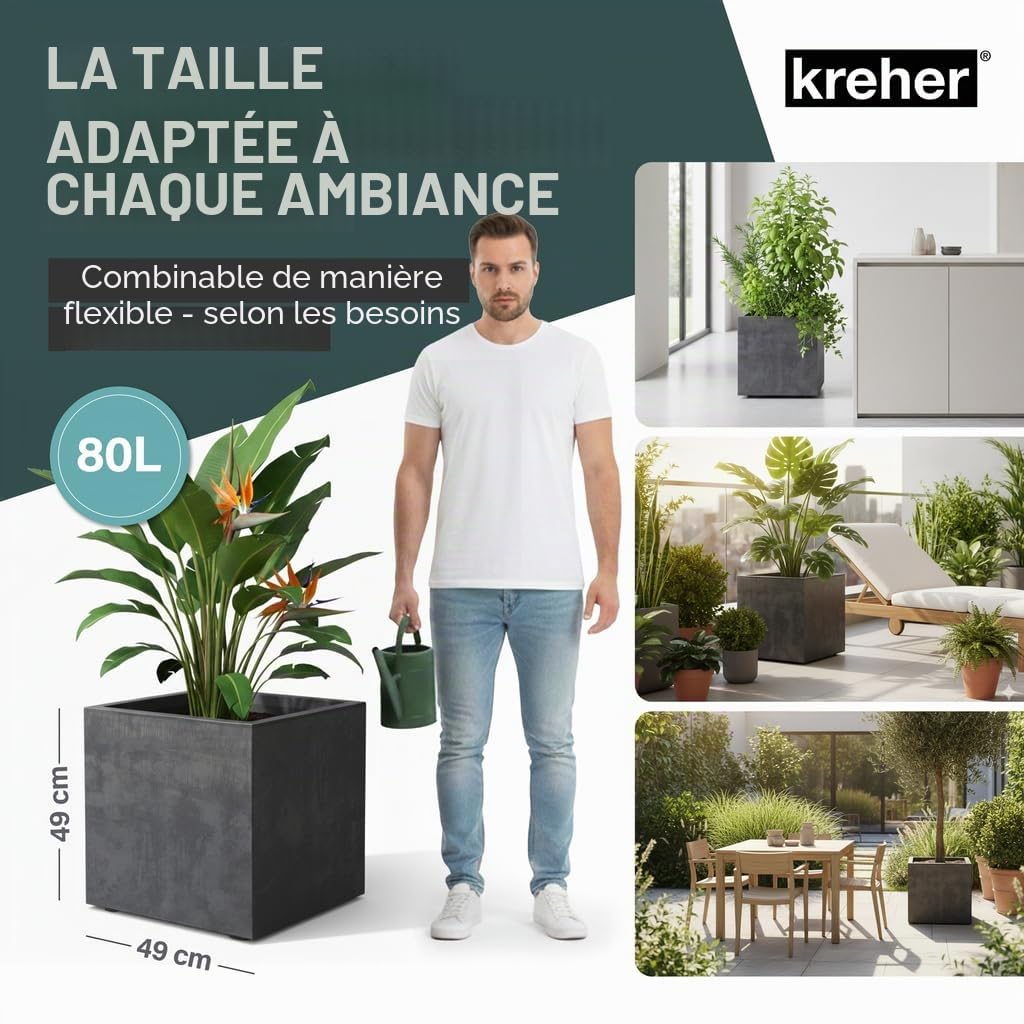 Kreher XL Jardinière Millennium en différents formats et couleurs. Magnifique aspect pierre naturelle en brun, beige, anthracite ou gris! En plastique robuste! (80 litres Anthracite)