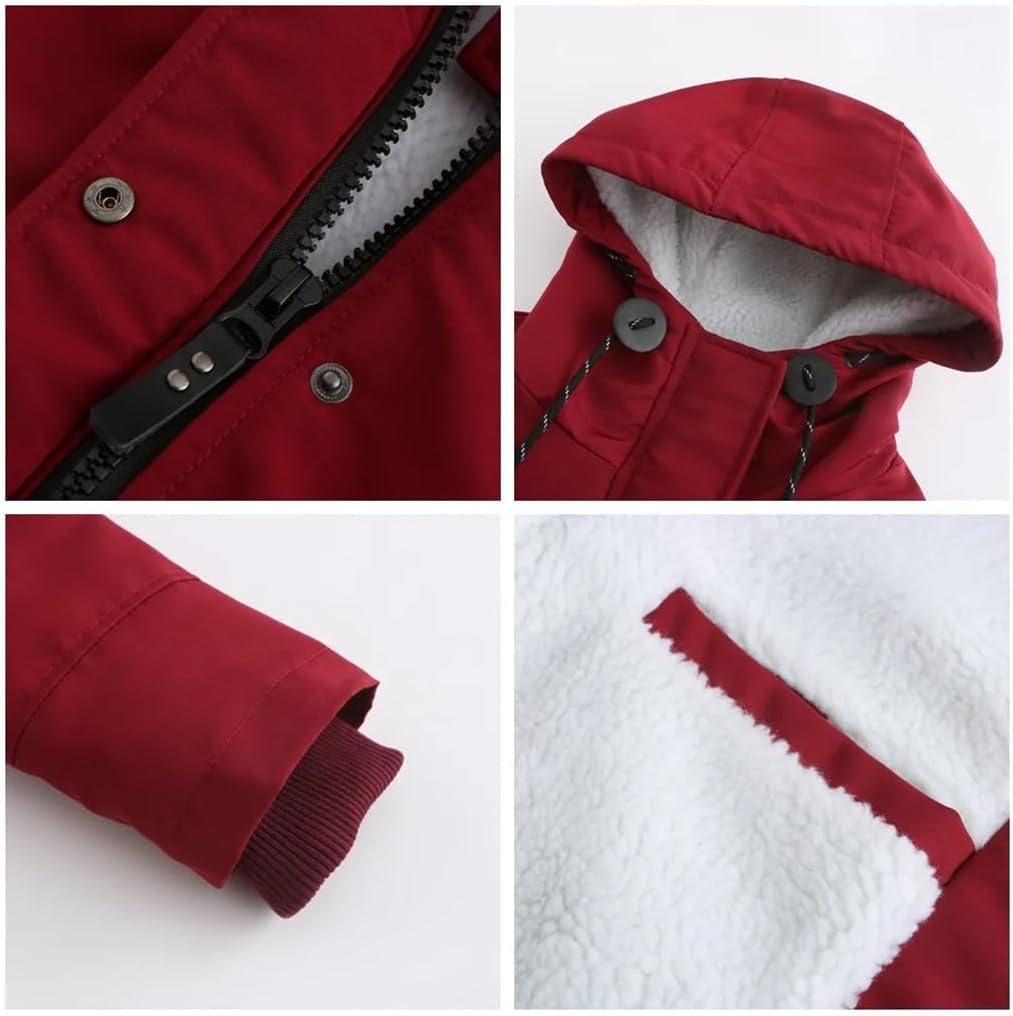 Womens Knee Length Parka Jacket Fleece Warm Long Coat Fur Collar Thickened Pocket Cotton Outerwear