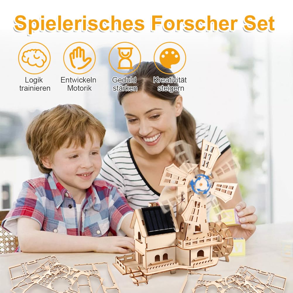 3D puzzle drewniane Dom z wiatrakami solarnymi - zestaw do majsterkowania DIY dla dorosłych - zestaw budowy modelu z obracającą się turbiną wiatrową zasilaną energią słoneczną | W tym