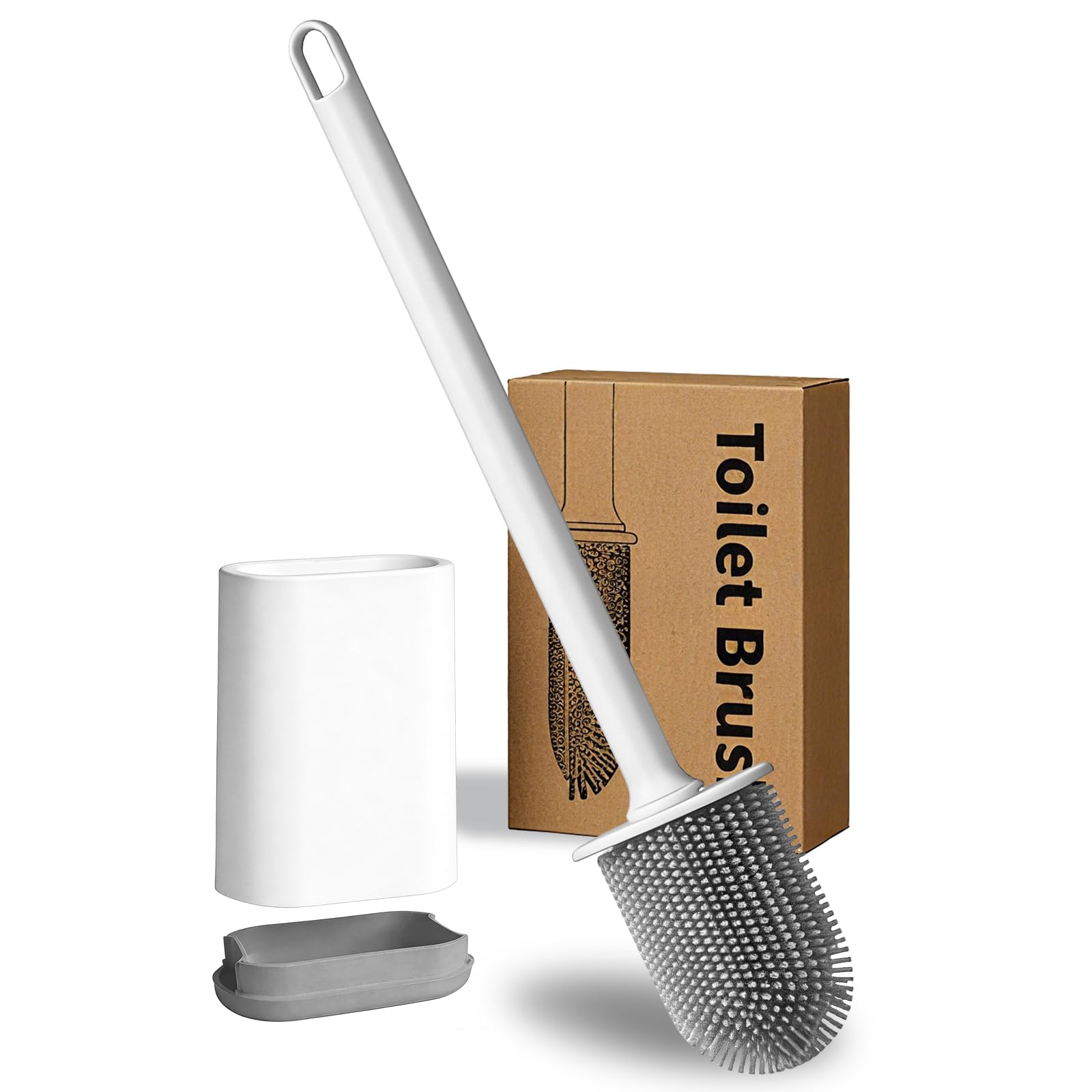 Wall-Mounted Toilet Brush and Holder with Flat Flexible Silcone Head – Durable and Flexible Bristles Bathroom Toilet Brush Set (White)