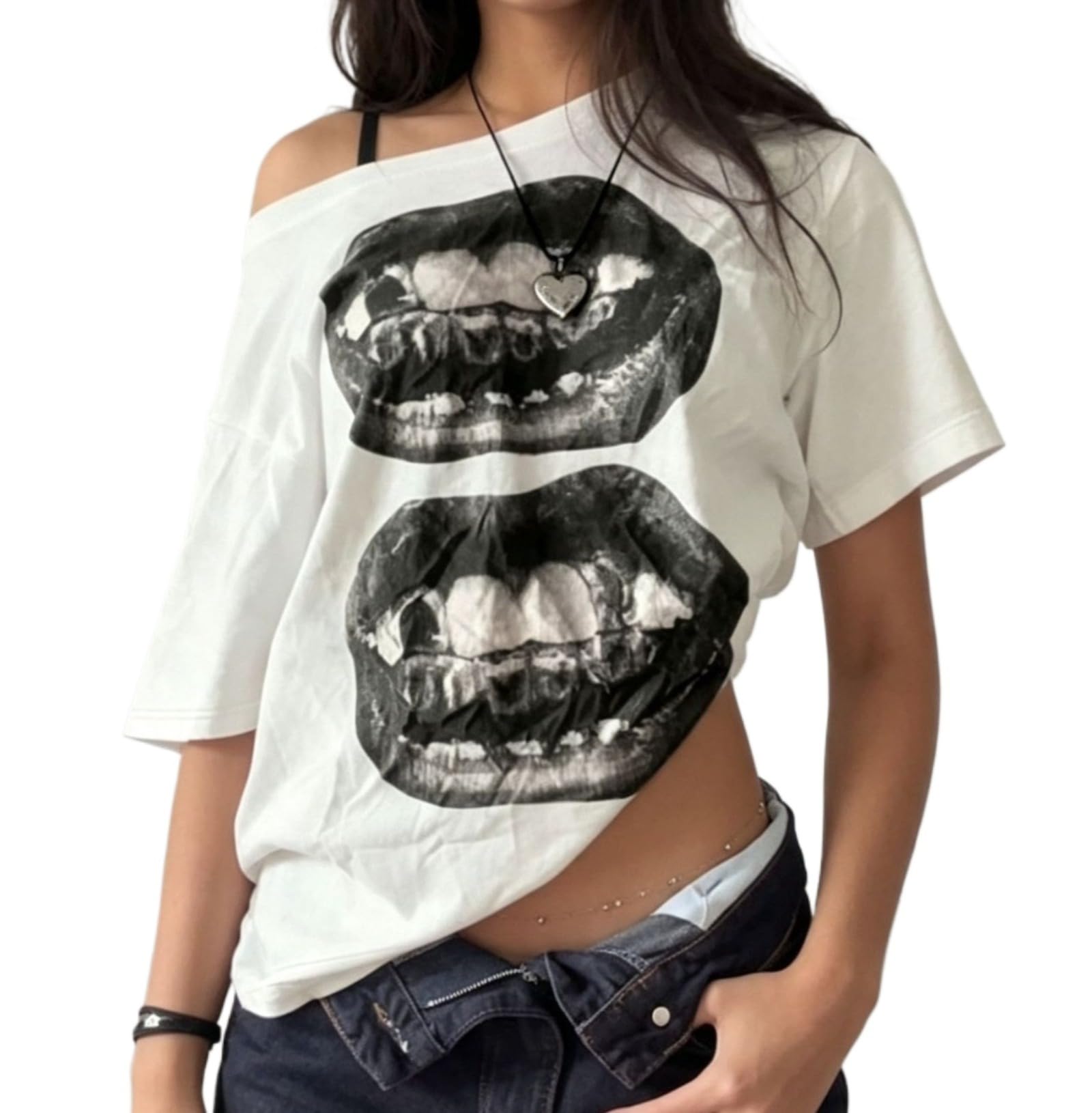 Off The Shoulder Cute Shirts for Women Oversized Tshirt Y2k Graphic Tee Lips Print Baggy Shirts Vintage Tops