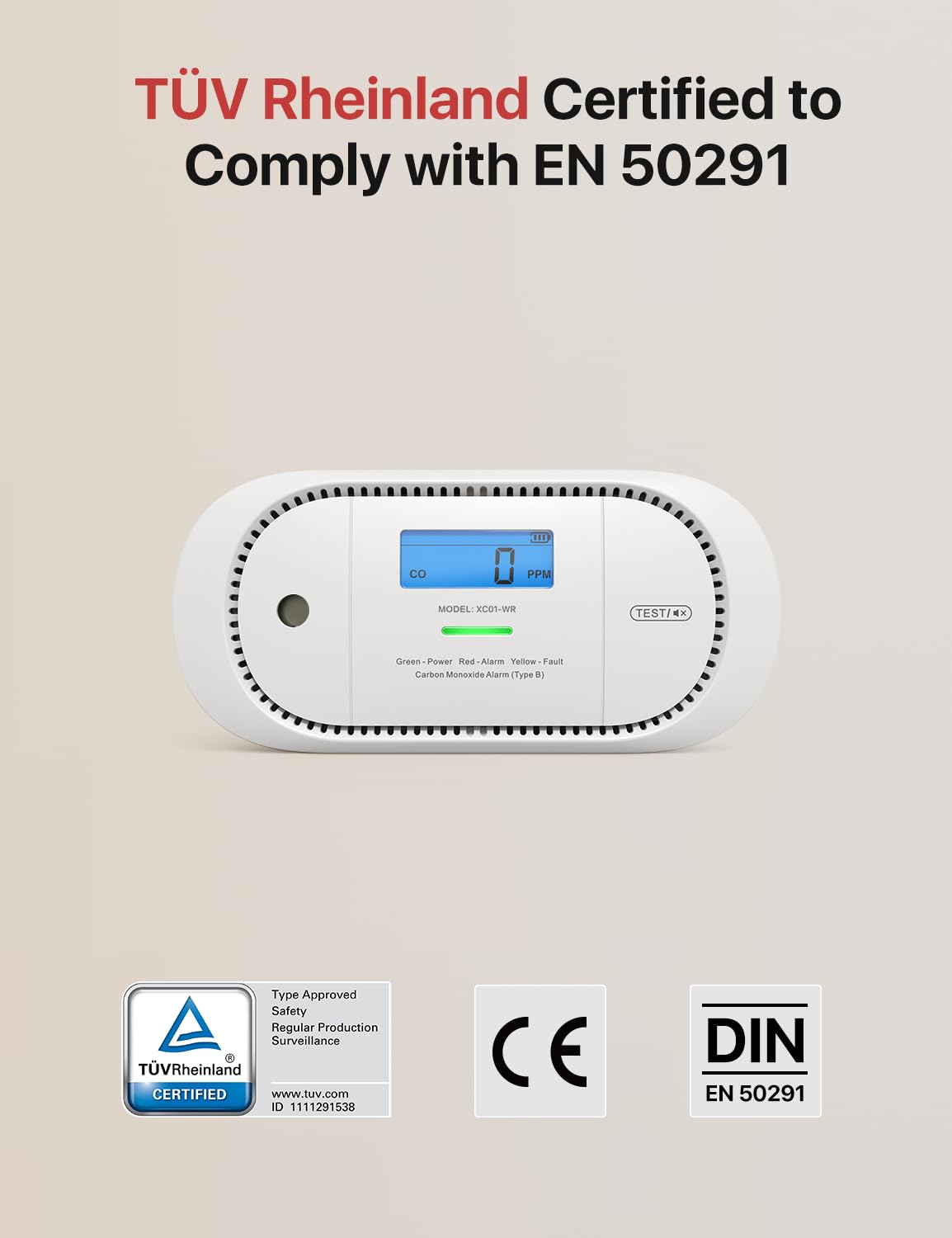 X-Sense Detector de monóxido de Carbono inalámbrico interconectado, Alarma de co alimentada por batería reemplazable con Memoria de Valor Pico, Cumple con el estándar EN 50291, XC01-WR, 1 Pieza
