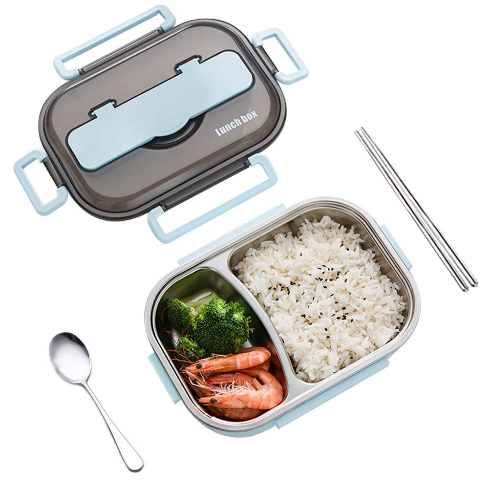 amropi Bento Box Stainless Steel Lunch Containers 2/3/4/5 Compartment Food Storage with Chopsticks and Spoon (Blue, 2 Compartment)