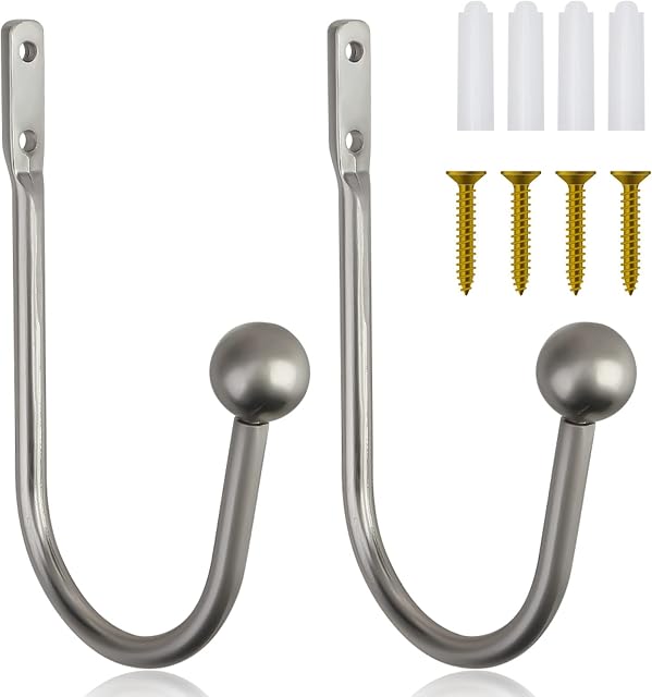 2PCS Metal Curtain Holdbacks, Decorative Curtain Tie Backs Hooks, Wall Mounted Window Curtain Holders with Screws, Heavy Duty U Shaped Arms Tieback for Fixed Curtain and Hanging Clothes (Silver)