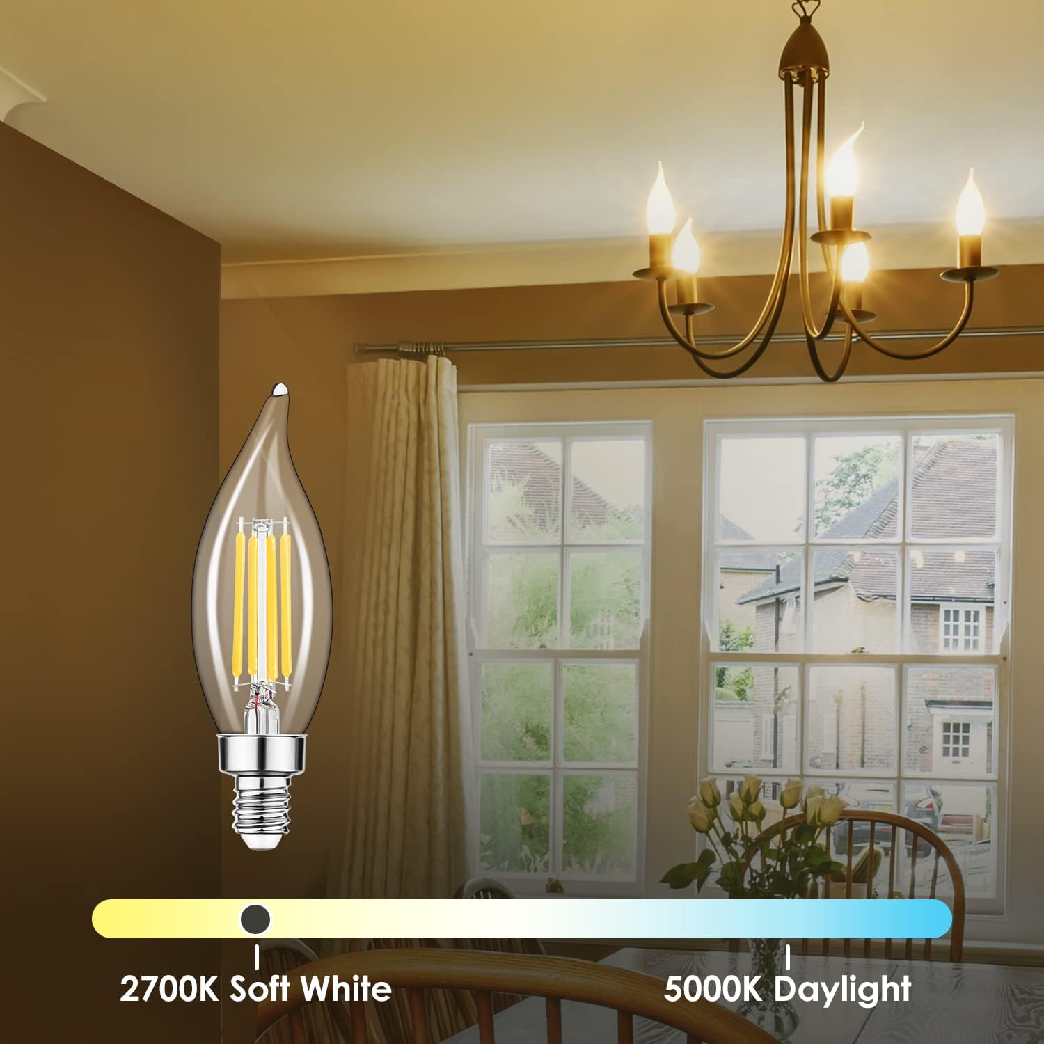 E12 Candelabra LED Light Bulbs Dimmable 60W Equivalent LED Chandelier Light Bulbs 4.5W Soft White 2700K 500LM CA10 Flame Tip Vintage LED Filament Candle Bulb with Decorative Candelabra Base, 6 Packs