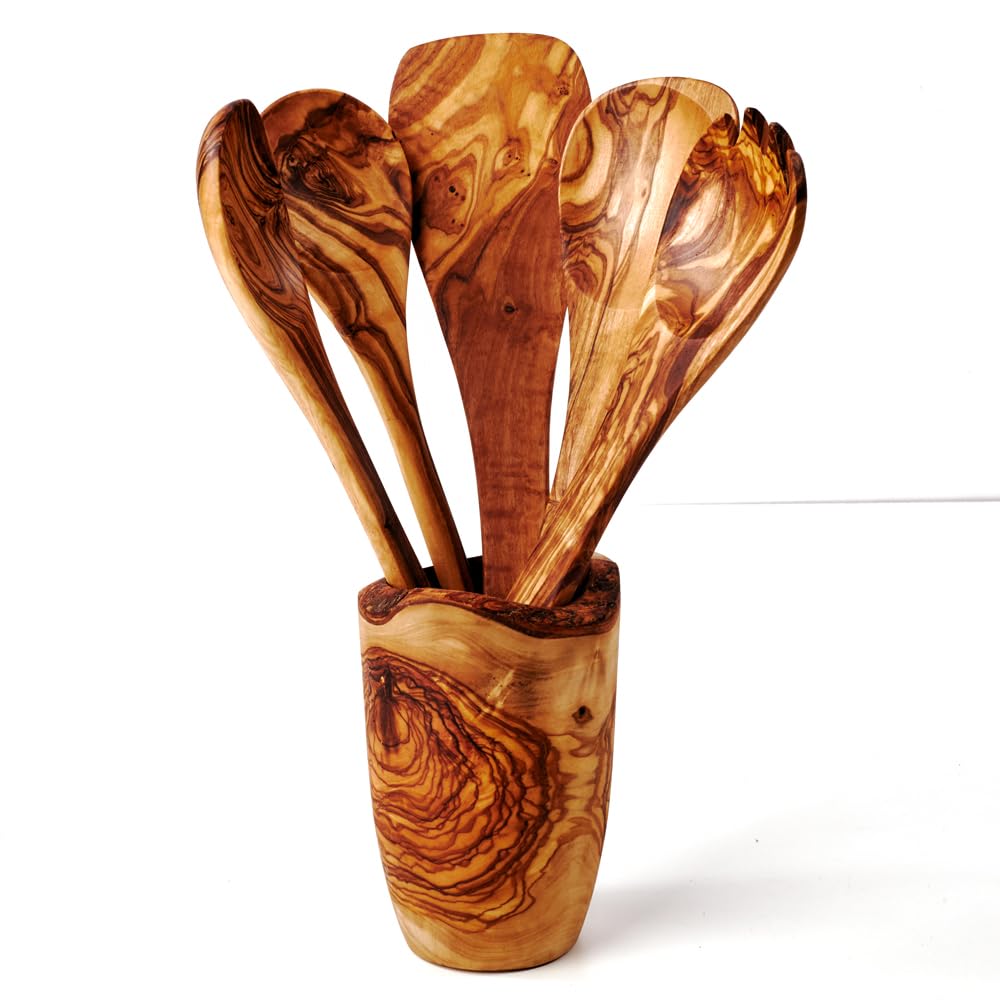 DAS OLIVENHOLZBRETT®Besteckhalter/Köcher 16cm rustic+5er Set Zubehör 25cm | Pfannenwender/ Kochlöffel, Löffel mit Ecke + Salatbesteck Olivenholz /Küchenutensilien Holz/ Kochlöffel Set 25cm