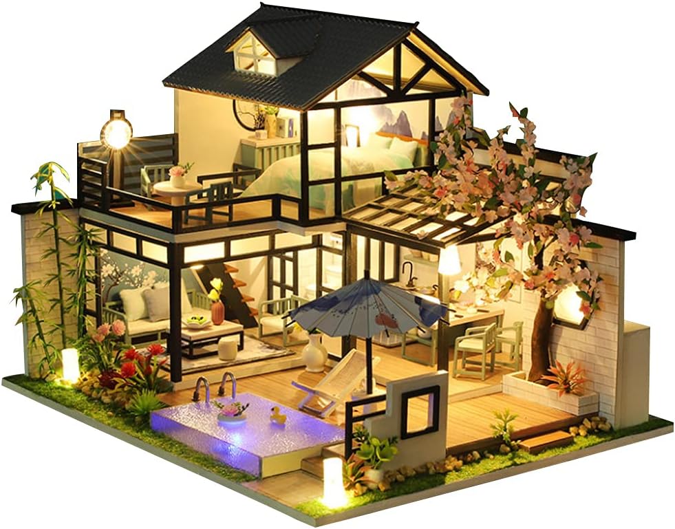 WonDerfulC 3D Wooden Miniature Dollhouse Kit New Chinese Courtyard Villa Model DIY Christmas Crafts Wood Toy Handcraft Artwork for Adults (no dust Cover)