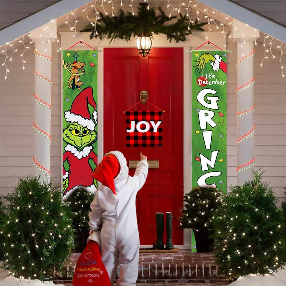 Merry Christmas Porch Sign, Gri-nch Christmas Banners Hanging Flag, Xmas Decorations - Image 3