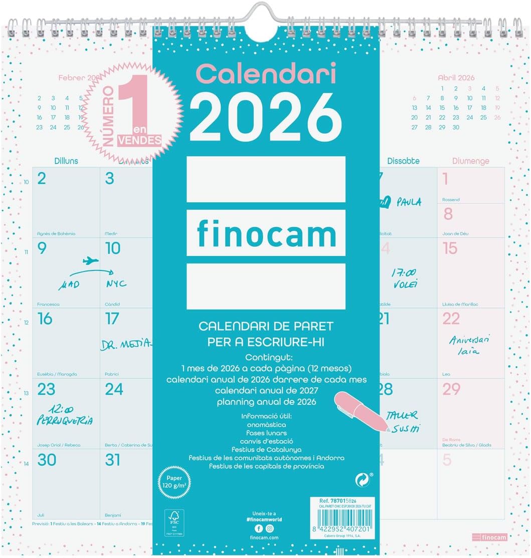 Finocam - Wall Calendar 2026 Month to View January - December 2026 (12 Months) | Calendar 2026 to Write Down | Monthly Planner ChicTurquesa - Catalan