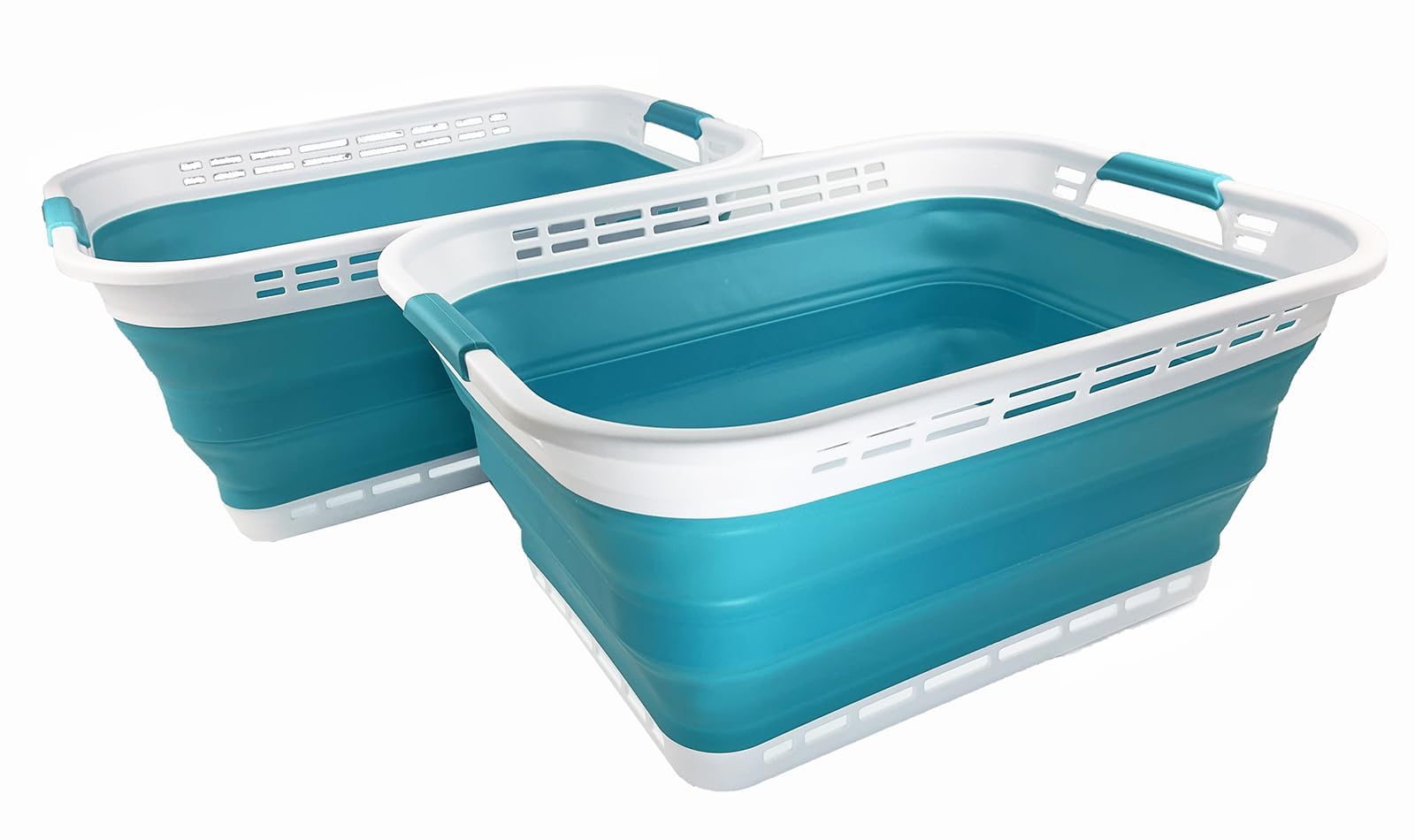 SAMMART 42L (11 Gallons) Plastic Foldable Laundry Basket-Collapsible, Space Saving, Durable, and Portable Laundry Hamper with Handles, Ideal for Home, Travel, Dorm & Camping (2, White/Ceramic Blue)