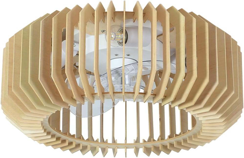 Low Profile DC Small Wood Mid Century Modern Farmhouse Ceiling Fan with Light Fixture and Remote Control,Boho Enclosed Caged Flush Mount Bladeless Wooden Fandelier for Kitchen Bedroom Indoor