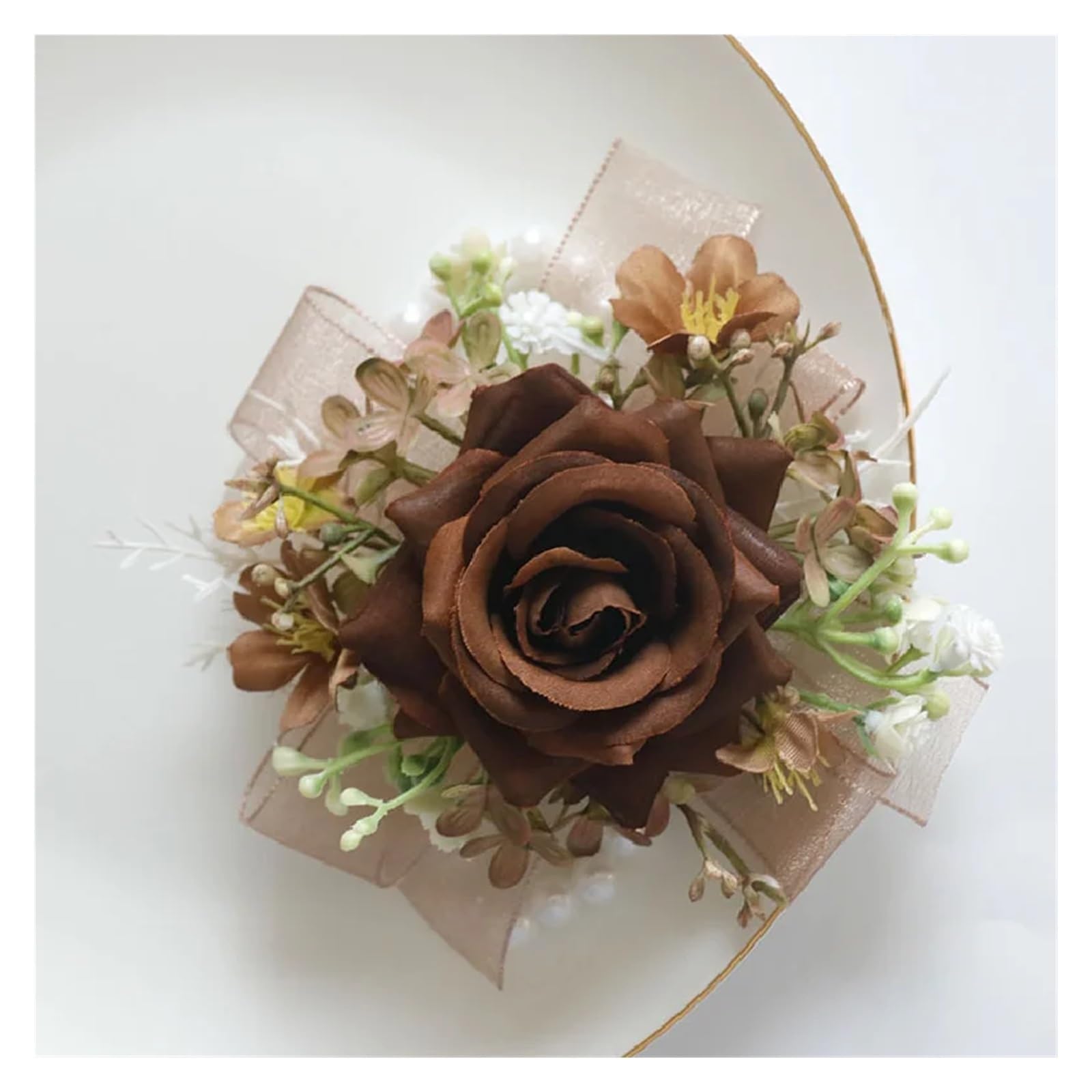 Künstliche Boho-Blume, Hochzeits-Ansteckblumen, 4 Stück, Hochzeitsblumenstrauß, künstliche Blumen, Geschäftsfeier, Eröffnung, Gast-Ansteckblumen, Ansteckblumen, Braun (Korsage)