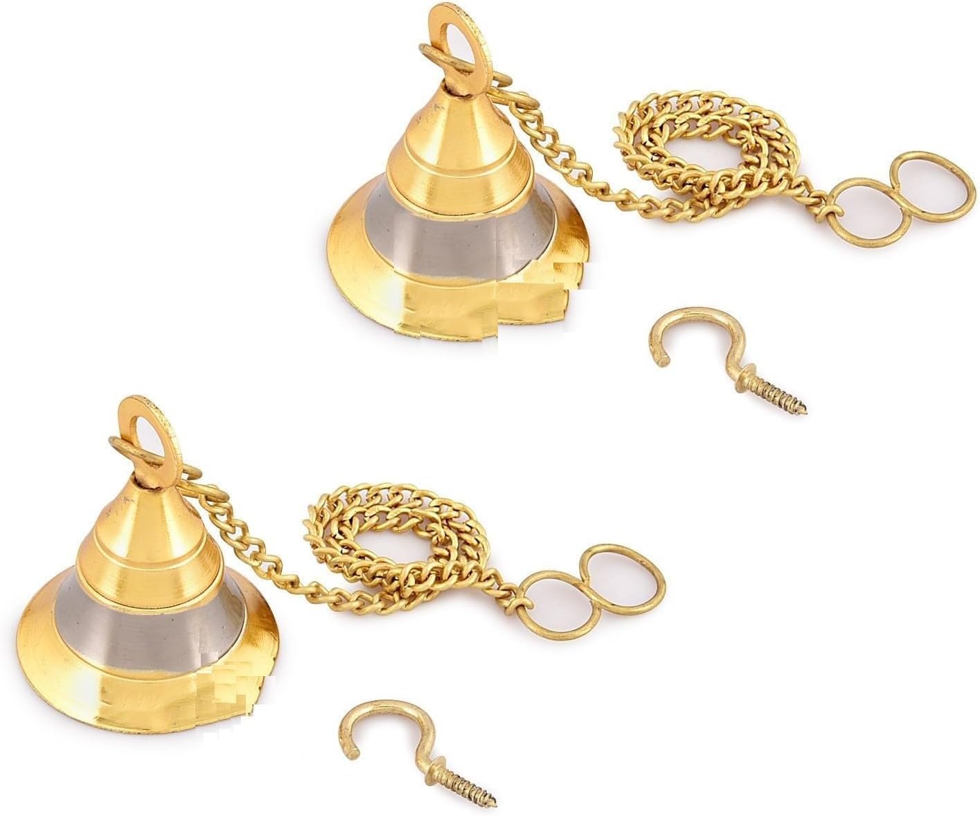 Decorative Temple Bell with Chain, Brass and Silver Gold Finish, Traditional Wall Hanging for Home Puja Room Pack of 4