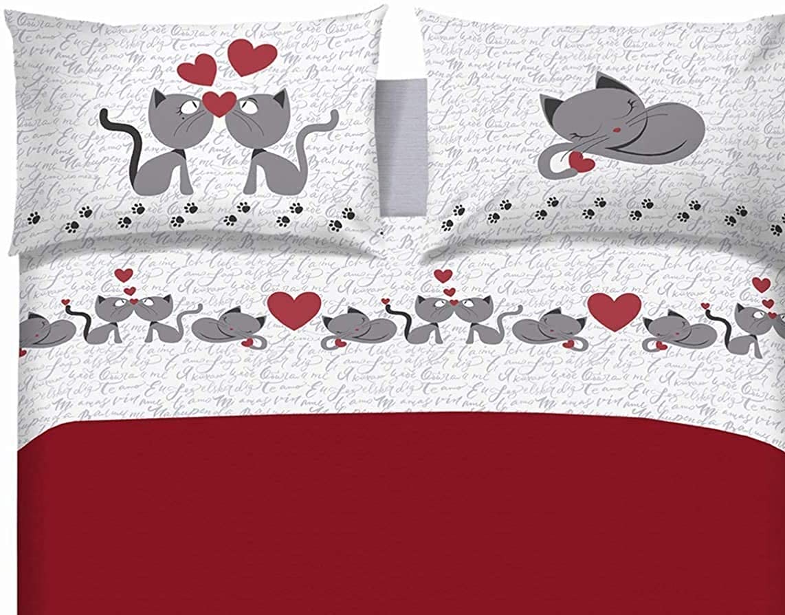 PELLECCHIA COLORI Set Lenzuola, Coppia di Lenzuola,100% Cotone,Fantasia Gattini e Cuori, Made in Italy (Grigio, Matrimoniale)
