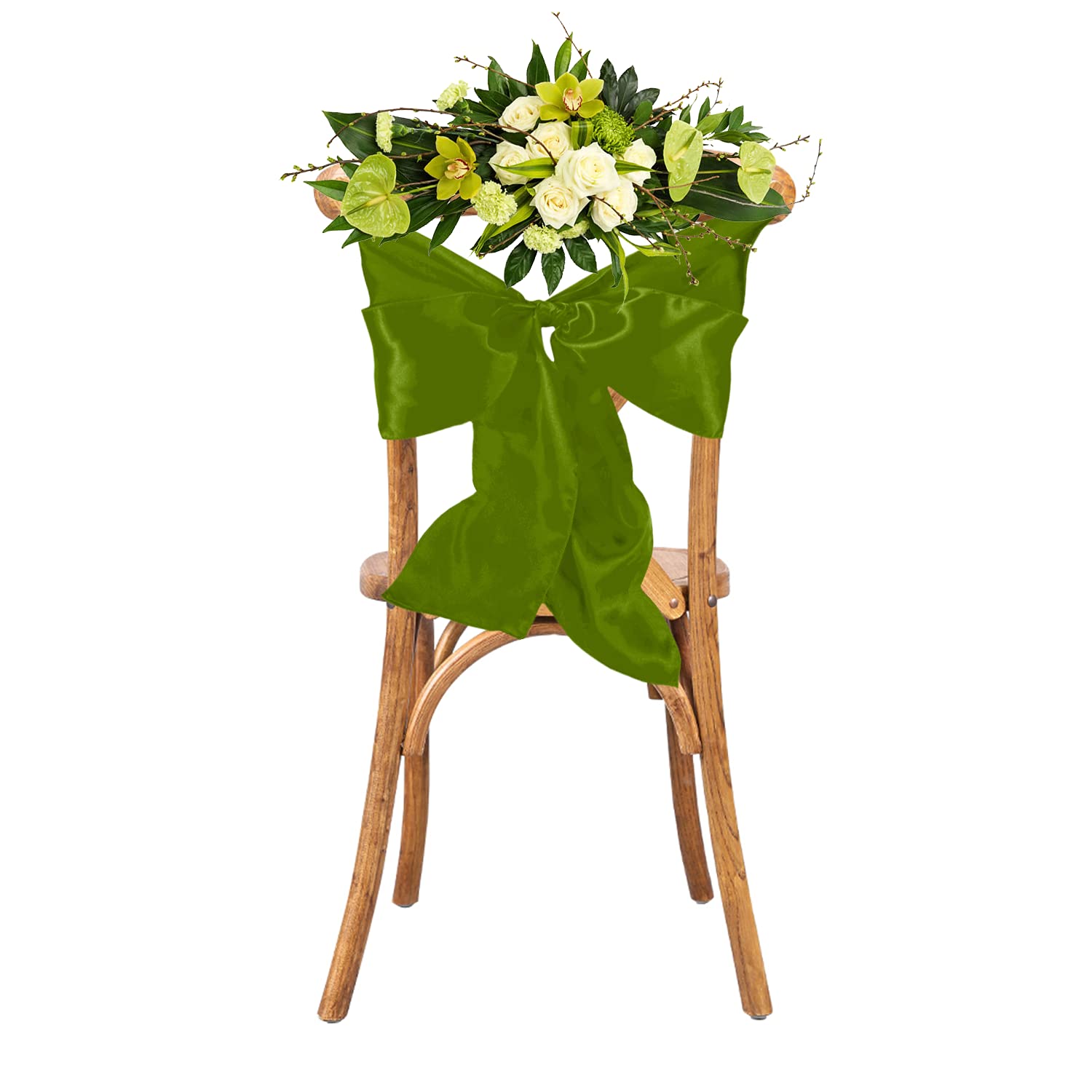 WedDecor Green Satin Sash Ribbon Fuller Bow for Bridal Wedding Birthday Party Banquet Event Dining Chair Decoration -7