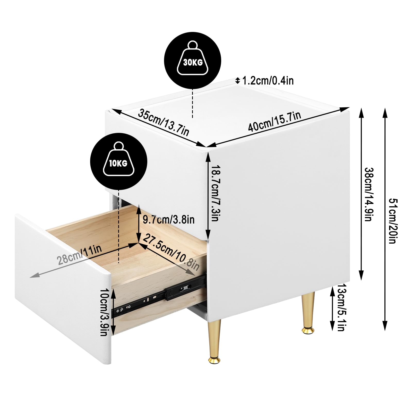 WOLTU Nachttisch mit 2 Schubladen, Beistelltisch Nachtschrank Hochglanz, 35x40x51cm, moderner Nachtkommode für Schlafzimmer, einfache Montage, Holz PVC+Metall, Weiß+Golden NTS10ws03