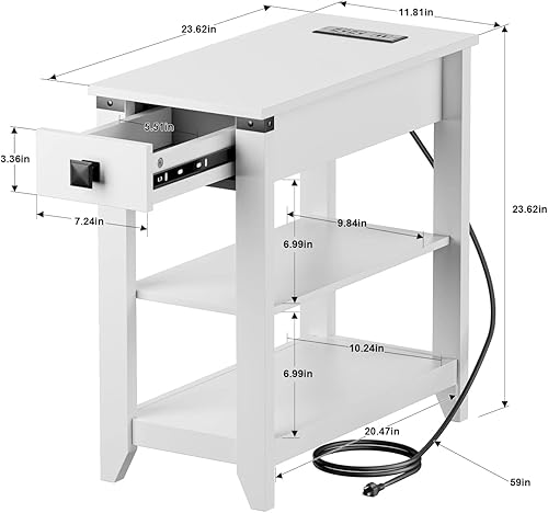 Miniatura 2 de Mesa auxiliar estrecha con estación de carga, mesa auxiliar con puertos USB y tomas, mesita de noche para espacios pequeños, mesa auxiliar delgada