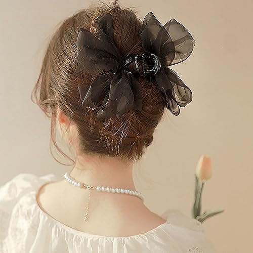 Miniatura 4 de Pinzas para el cabello con lazo de tul de malla negra, pinzas de gasa grandes para cabello grueso de mujer, accesorios elegantes para el cabello