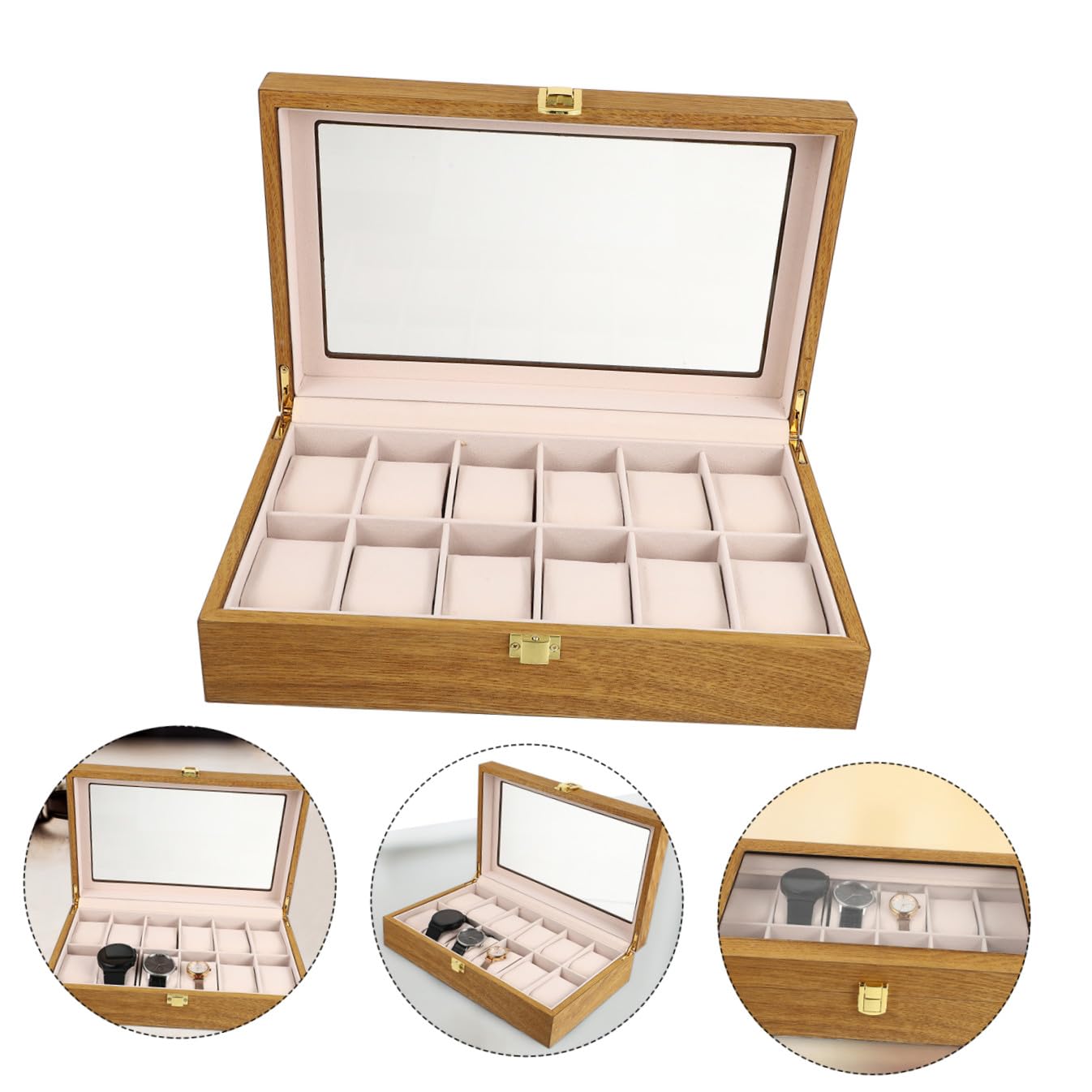 BESPORTBLE Scatola per Orologio da 12 Posti in Legno Chiusura | Organizzatore da Tavolo, Inserti Interni Rimovibili, per Esposizione e Custodia di Orologi