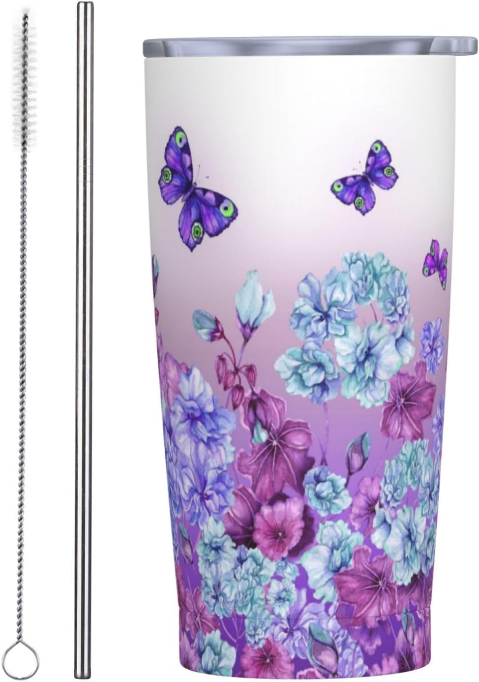 Purple Butterfly Tumbler 20 oz Colorful Flower Mug with Lid and Straw Watercolor Floral Coffee Cup Spring Garden Travel Tumblers for Gym Hiking Blooms Water Bottle Birthday Present for Women