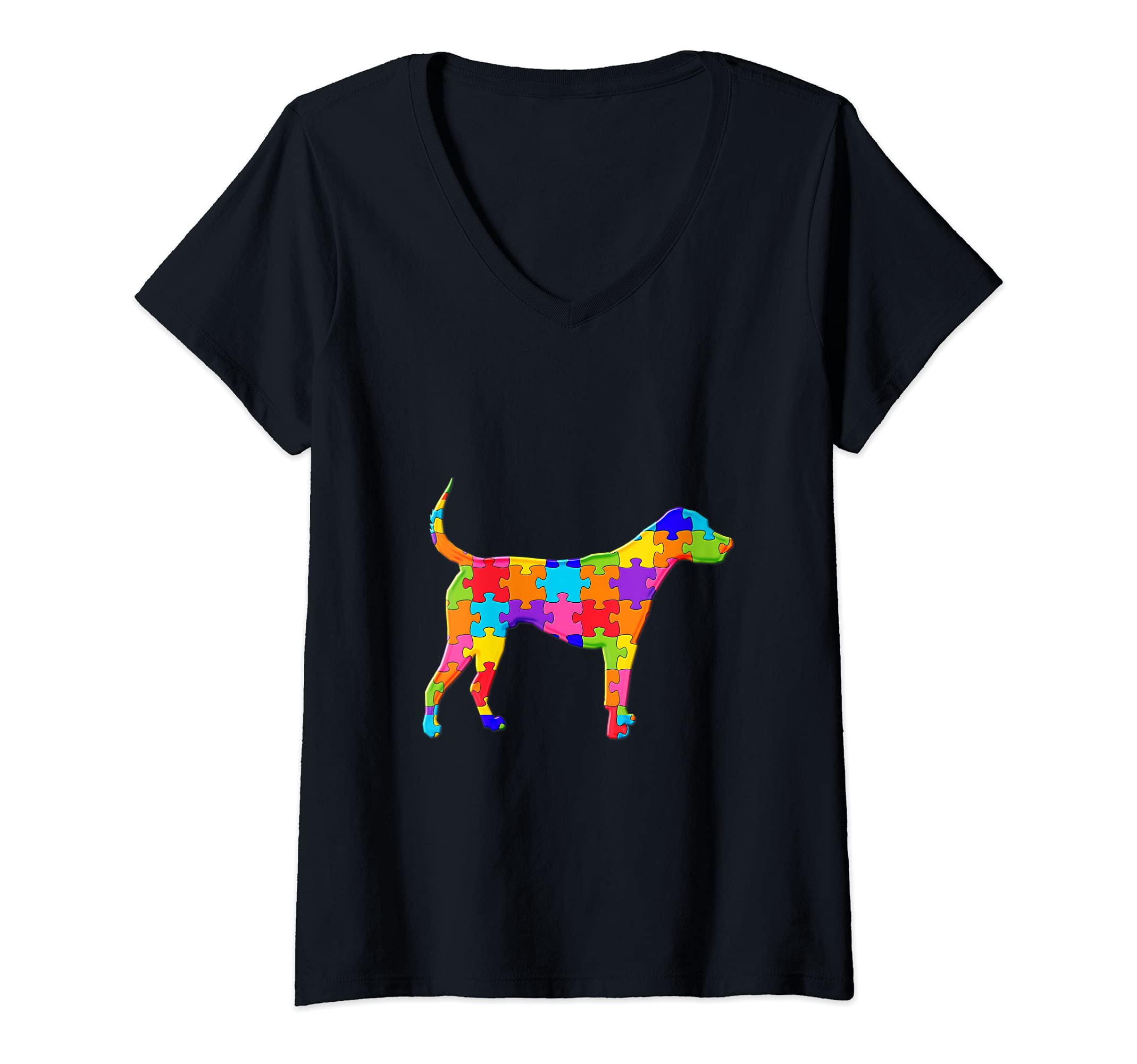 Womens Dog Pet Animal Jigsaw Autism Puzzle V-Neck T-Shirt