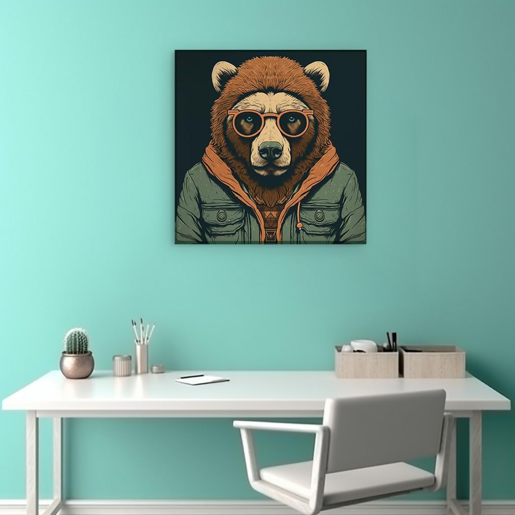 Canvas for Living room. Stylish Brown Bear: A Hipster Icon Emerges from the Shadows, 27 x 18 inch Canvas Wall Art - Nature Home Decor - 69x46 cm (27x18 inch)