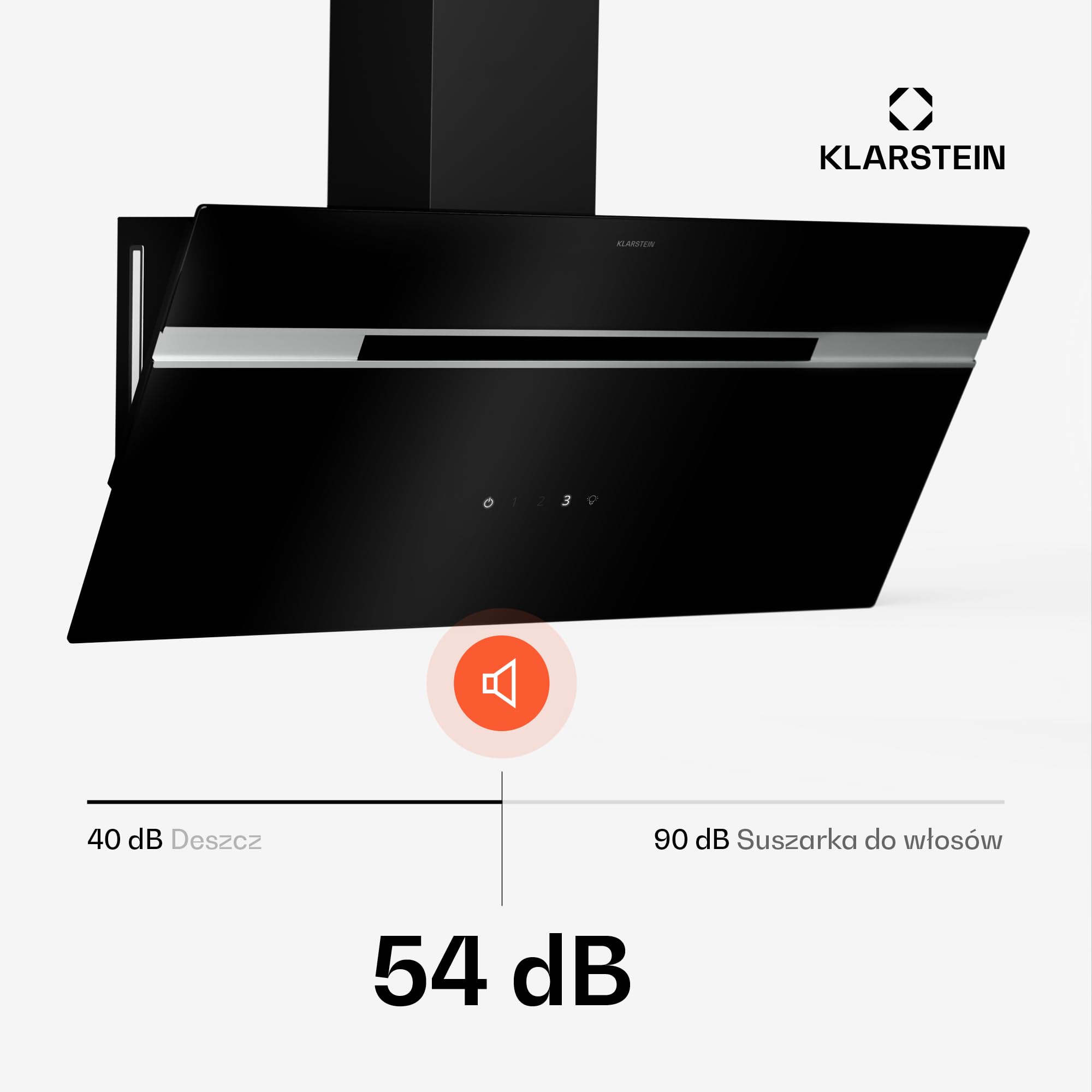 Klarstein Alina Okap kuchenny skośny – 90 cm, przepływ 615 m³/h, panel dotykowy, podświetlenie LED, cichy 63 dB, klasa energetyczna A, czarny